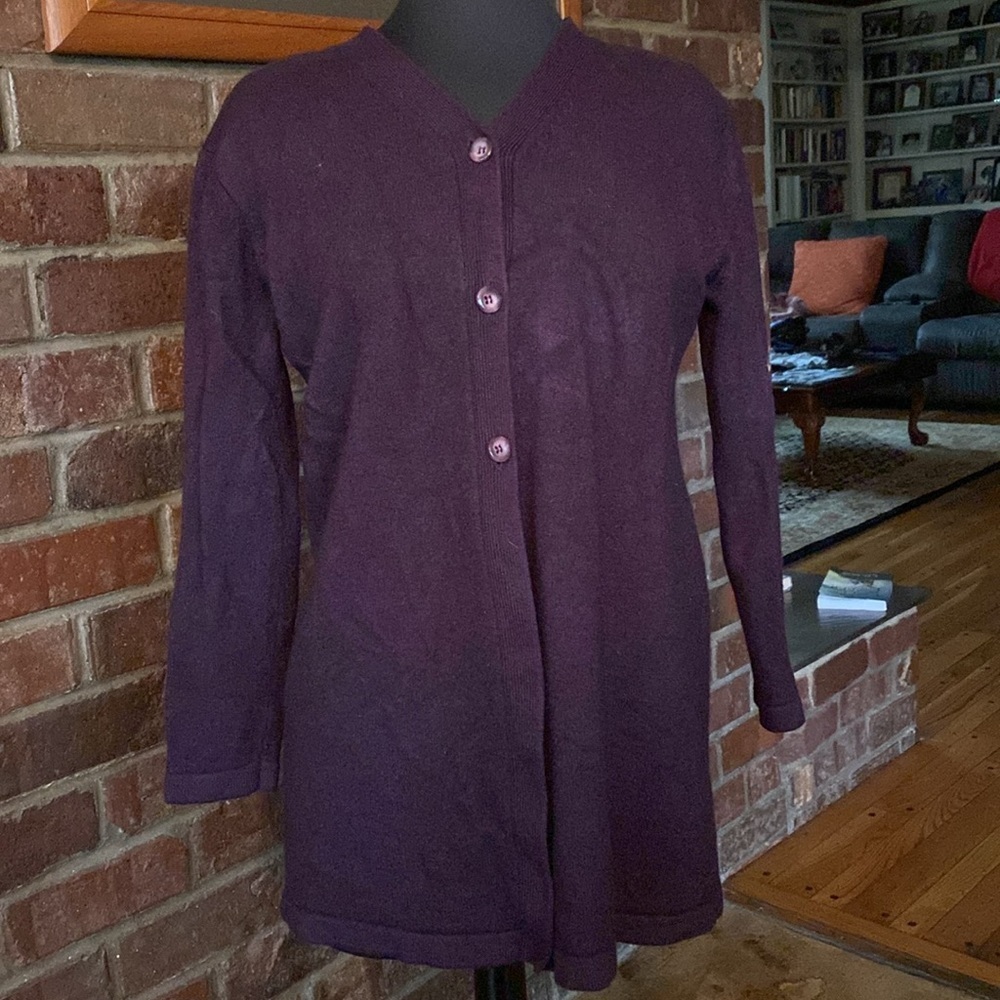 Dana Buchman plum eggplant purple 3 button front wool blend cardigan